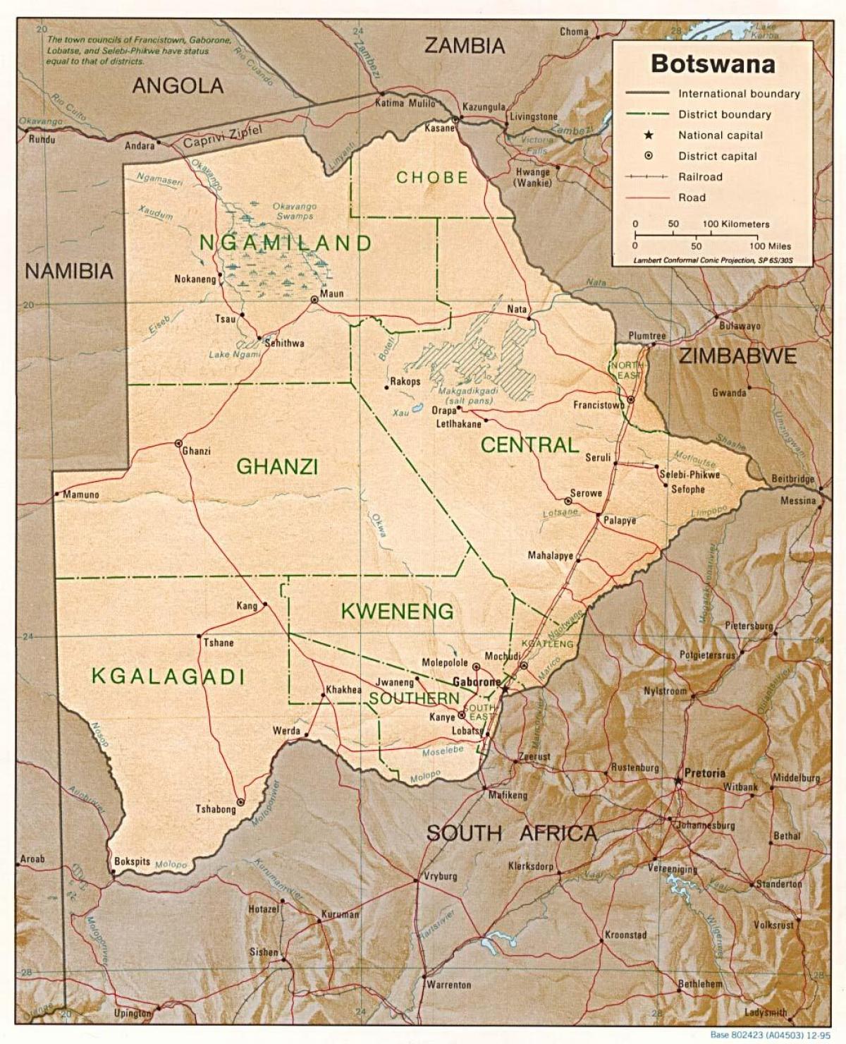 carte du Botswana montrant les villes et les villages