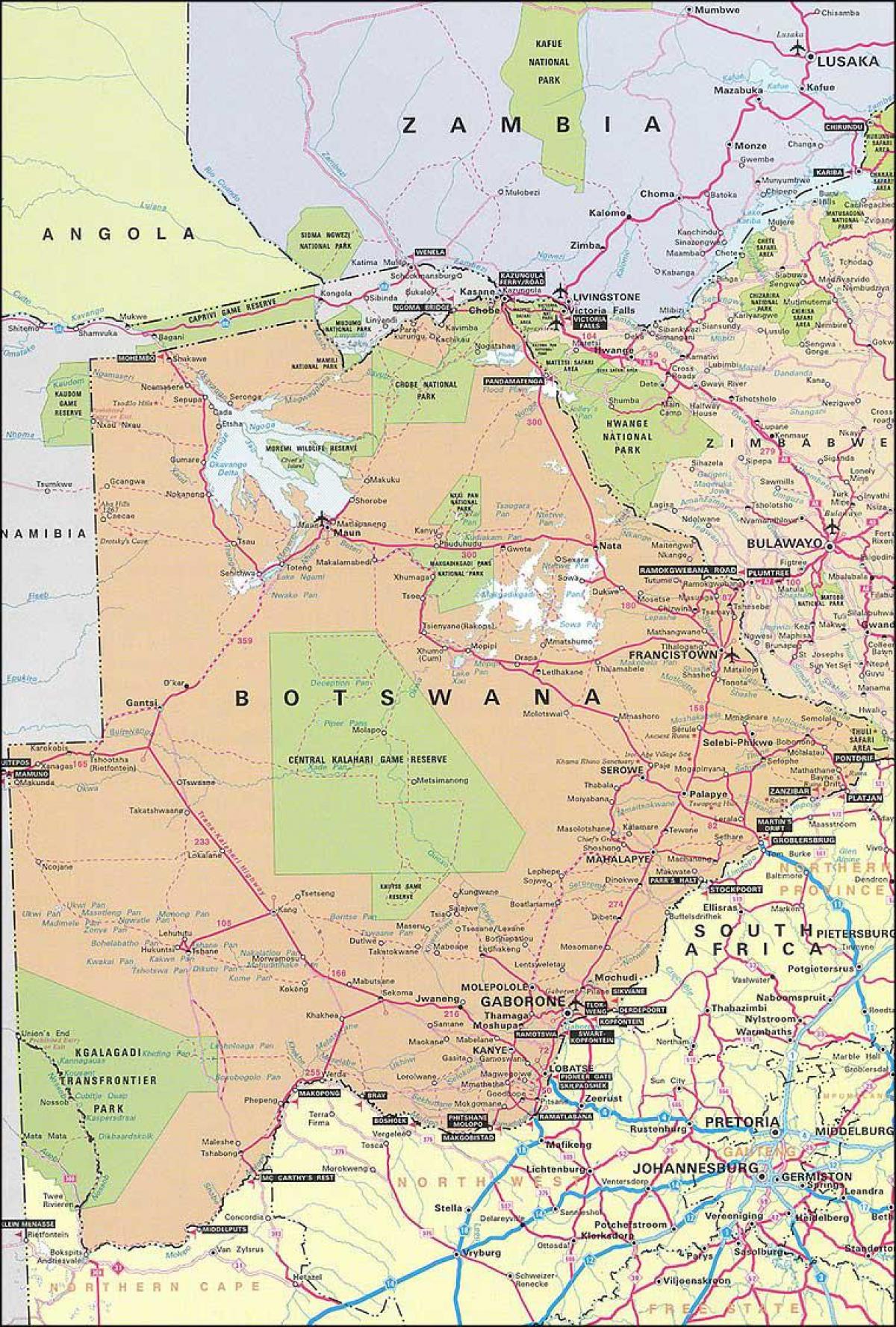 carte de la feuille de route détaillée du Botswana