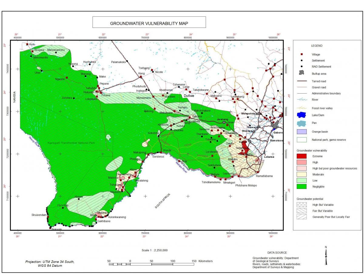 carte du Botswana de l'eau souterraine