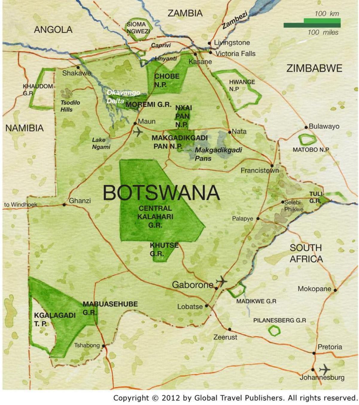 carte du Botswana réserves de gibier